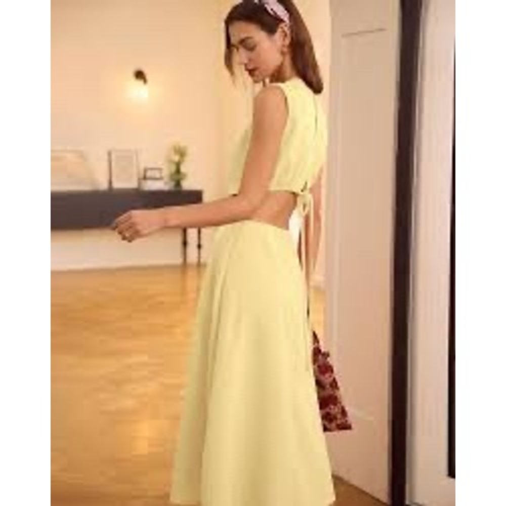 Semi sheer cutout lemon yellow midi dress large resortwear beach travel Vaca